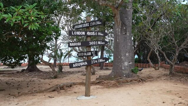 Zoom in of wooden signs with the writing Johannesburg,London,Nairobi, Dar El Salaam,Arusha, in the garden of the prison island,summer concept.Zanzibar,Tanzania.