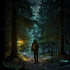 Silhouette object of alone walking on a hiking trail in a stormy area accompanied by starlight and fireflies in a tropical forest, concept for traveling, wallpaper, background etc. Ai Generated