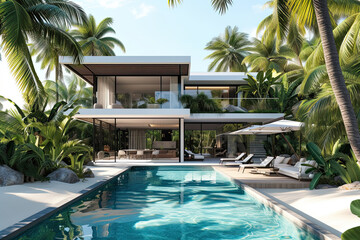 luxurious modern house with a swimming pool and lounge area. modern house exterior with a minimalist design