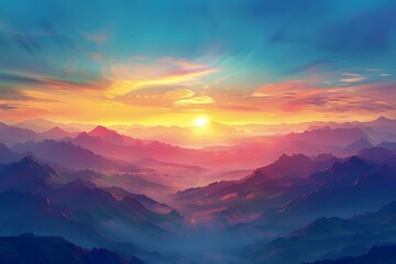 Fototapeta premium Vibrant sunset over mountains casting warm hues across the sky and land. Concept Mountains, Sunset, Vibrant Colors, Nature, Landscape
