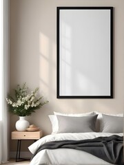 Mockup poster frame in interior bedroom background, bedroom interior mockup