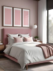 Mockup poster frame in pink bedroom interior background, interior mockup