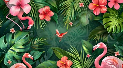 llustration of tropical wallpaper design with exotic leaves and flowers. Hummingbird and flamingos. Paper texture background. Seamless texture. - obrazy, fototapety, plakaty