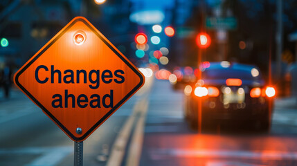 A "Changes ahead" sign backlit by the glowing lights of an oncoming car at night, creating a sense of urgency, Changes ahead, blurred background, with copy space