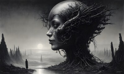 A monochrome painting of a woman with a tree growing out of her head, set against a dark sky. The artwork combines elements of water, nature, and fiction