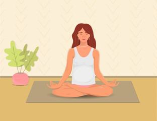 Vector illustration of pregnancy  girl practicing yoga. Meditation and asanas.