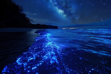bioluminescent algae on a beach at night