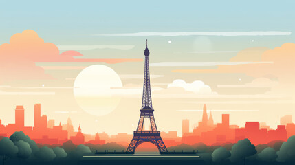 Stylized drawing of Paris Eiffel Tower large view in orange green and black flat colors style