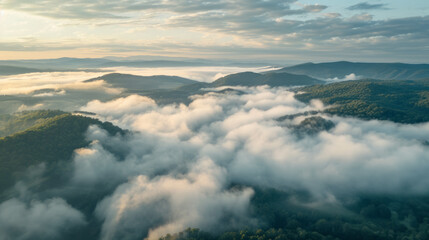 Aerial forest mountains landscape in the morning gold light with many low clouds into the valleys and a hazy sky