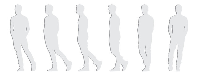 Vector concept conceptual  gray paper cut silhouette of an young man walking from different perspectives isolated on white. A metaphor for casual, fashion, relaxation, leisure and lifestyle