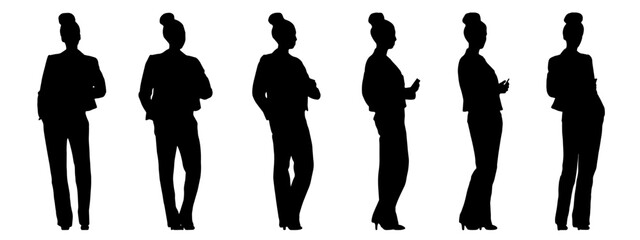 Vector concept conceptual black silhouette of an elegant woman checking her phone from different perspectives isolated on white. A metaphor for casual, fashion, relaxation, leisure and lifestyle