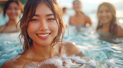 Cheerful Asian women at a pool celebration by the sea, capturing the essence of summer outdoors