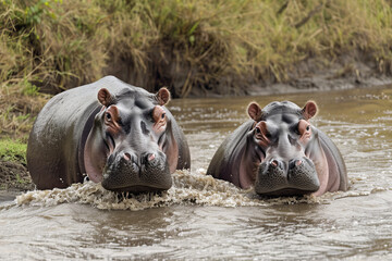 Two Hippos Submerged in River with Ears Alert