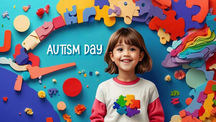 Fototapeta premium Autism Day Template for Social Media With Vibrant Childs and Bright Colors, Space for Text