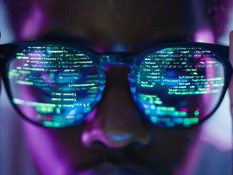 Close up of hands typing furiously the reflection of code on glasses shrouded in the mystery of cyber space
