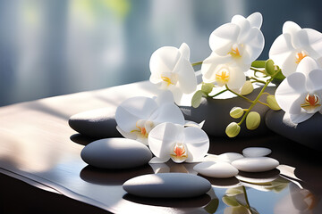 Obraz na płótnie Canvas Black basalt stones for spa treatments with white orchid flowers on a light background. Playground AI platform