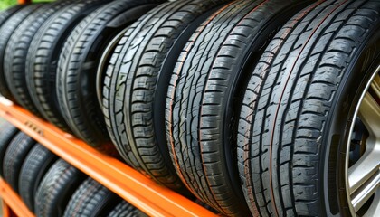 Brand new car tire placed on a storage rack in a warehouse, automobile tires inventory