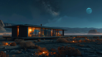 A modular, prefabricated house with floor-to-ceiling windows, situated in an arid desert landscape under the expansive night sky. - obrazy, fototapety, plakaty