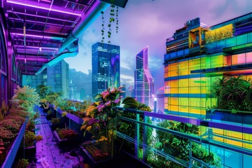 Create an artwork showcasing a vibrant rooftop garden contrasting with the neon lit buildings of a futuristic metropolis