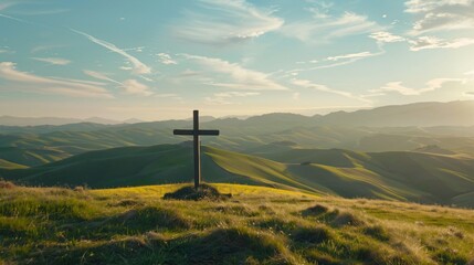 A backdrop of rolling hills behind the Cross of Jesus illustrating the journey of faith