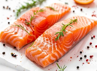 Raw salmon fish on white background, top view. Healthy food.