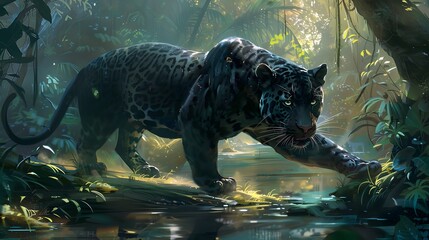Majestic Panther in habitat. Dangerous animal. - obrazy, fototapety, plakaty