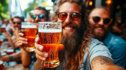 glass of beer in hand, group of happy friends drinking and toasting beer