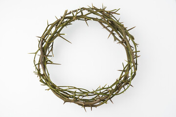 Jesus Wooden Crown of Thorns used by Catholic Christians on Good Friday Ceremony. Isolated on white background with empty blank copy text space. - obrazy, fototapety, plakaty
