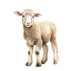 Digital watercolor illustration of an adorable young lamb, side view standing on white background.