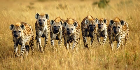 Pack of hyenas hunting together in the savanna , concept of Hunting strategy