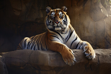 Tiger Perched on a Rocky Ledge in Golden Light