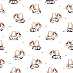 Beautiful seamless pattern with hand drawn cute baby toy excavator illustrations. - 740808987