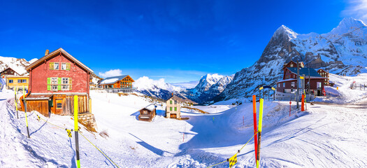 Kleine Scheidegg ski area and Eiger alpine peak panoramic view