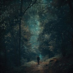 Silhouette object of alone walking on a hiking trail in a stormy area accompanied by starlight and fireflies in a tropical forest, concept for traveling, wallpaper, background etc. Ai Generated