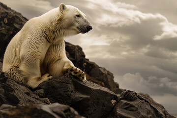 Polar bear resting amidst dramatic cloudy landscape