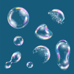 realistic soap foam bubbles set dark background isolated vector illustration