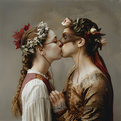 Two young women in medieval clothes, adorned with floral crowns, kissing each other. Retro style.