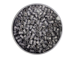 Metal can with lead bullets for an air rifle isolated on white