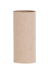 Closeup of one empty cardboard toilet roll, isolated on white background