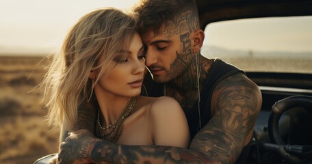 Passionate love ignites between a tattooed man and woman as they share a tender kiss under the warm embrace of the sun, their bodies adorned with vibrant ink representing their fearless and unbreakab
