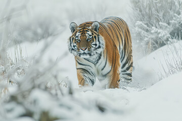Fototapeta na wymiar Siberian tiger prowling through a snowy landscape, with a focused gaze and a backdrop of winter white.