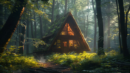A small A-frame cabin surrounded by dense forest, capturing the natural beauty and organic...