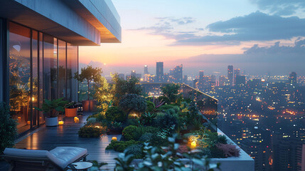 A sleek urban penthouse with a rooftop garden, emphasizing the modern design and capturing the city lights shimmering in the evening atmosphere. - obrazy, fototapety, plakaty