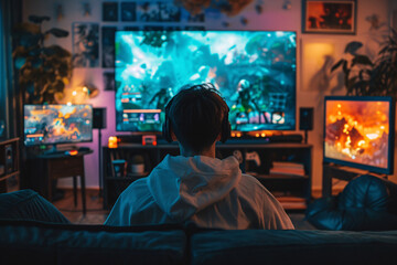 A gamer is deeply focused on playing a video game with a multi screen setup, surrounded by vibrant game graphics and a cozy room atmosphere.