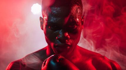 Retrato de boxeador masculino posando em luz vermelha e branca - obrazy, fototapety, plakaty
