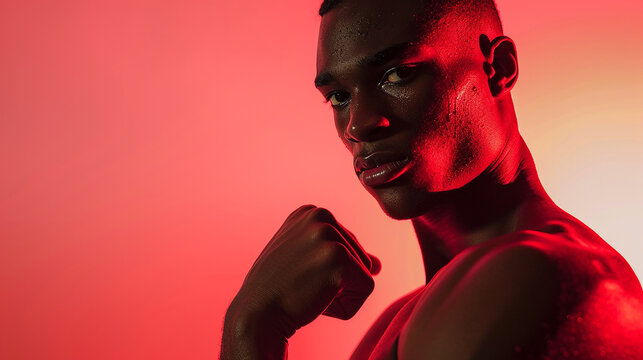 Retrato de boxeador masculino posando em luz vermelha e branca