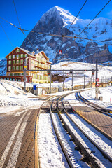 Kleine Scheidegg railway to Jungfraujoch and Eiger peak view