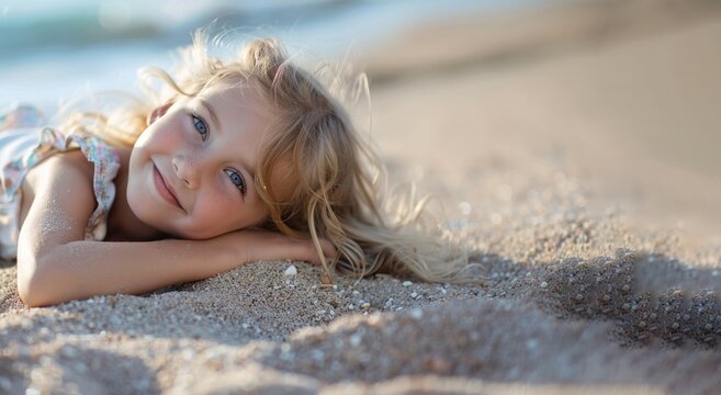 Cute child girl is played lying on the sandy beach on a sunny day.