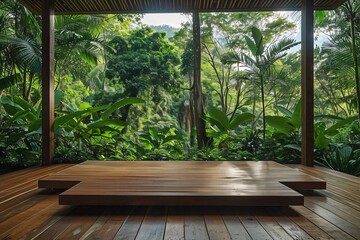 A serene wooden podium blends seamlessly into the vibrant backdrop of a tropical forest