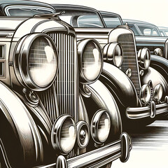 an illustration featuring a row of classic cars in close-up, focusing on the front parts of the...